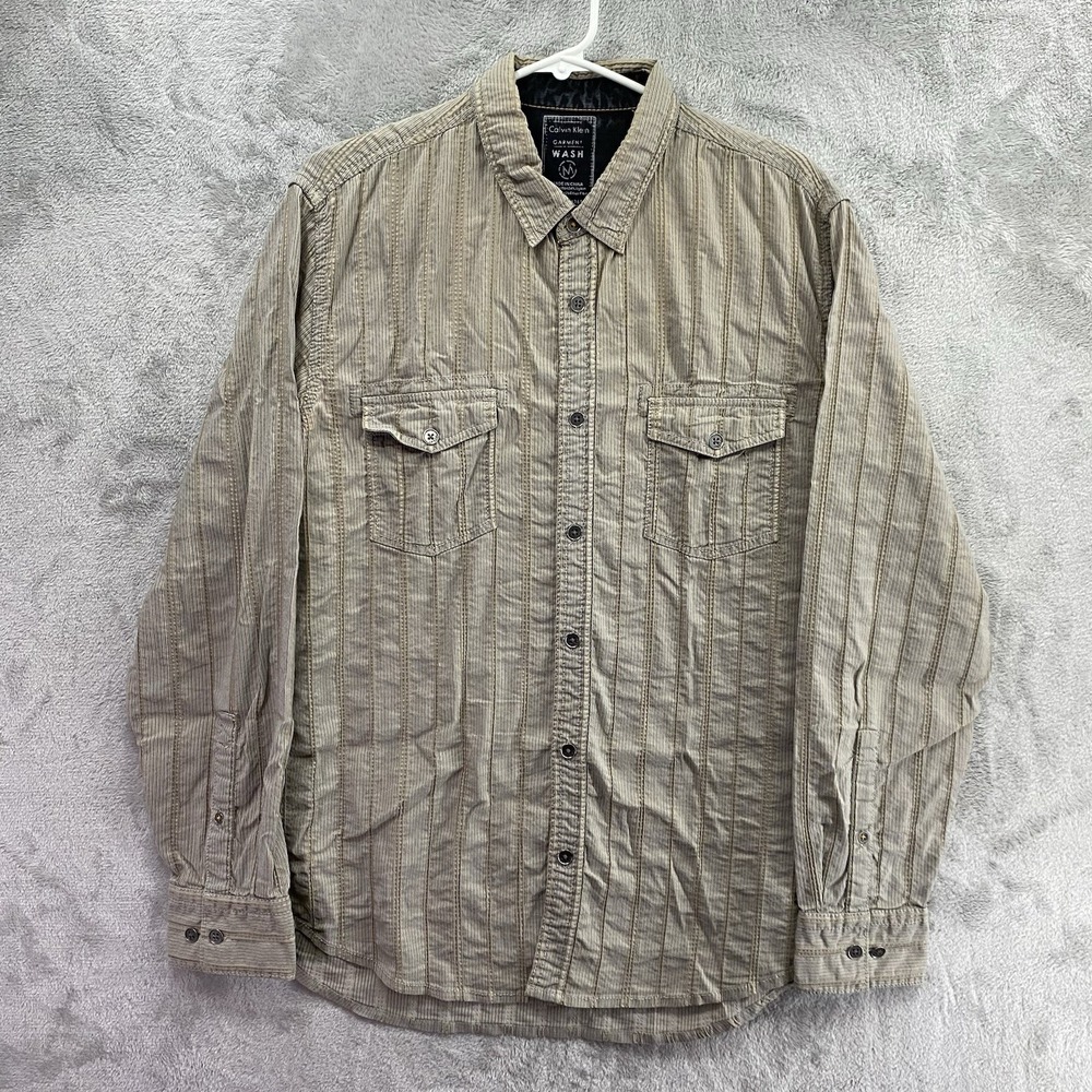 Calvin Klein Men Medium Tan Striped Long Sleeve Button Up Shirt